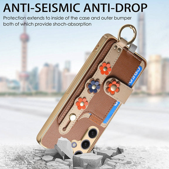 For Samsung Galaxy S24+ 5G Stereoscopic Flowers Wristband Card Bag Phone Case(Brown)