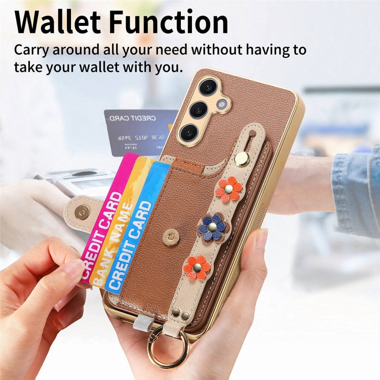 For Samsung Galaxy S24+ 5G Stereoscopic Flowers Wristband Card Bag Phone Case(Brown)