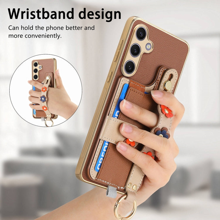 For Samsung Galaxy S24+ 5G Stereoscopic Flowers Wristband Card Bag Phone Case(Brown)