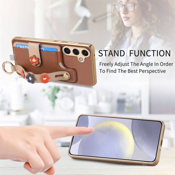 For Samsung Galaxy S24+ 5G Stereoscopic Flowers Wristband Card Bag Phone Case(Brown)
