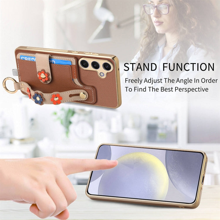For Samsung Galaxy S24+ 5G Stereoscopic Flowers Wristband Card Bag Phone Case(Brown)