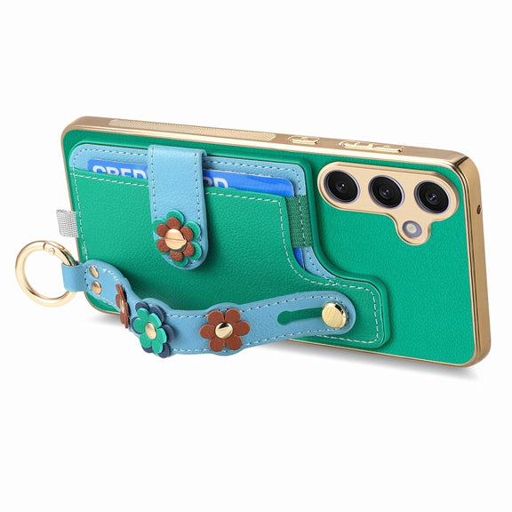 For Samsung Galaxy S24+ 5G Stereoscopic Flowers Wristband Card Bag Phone Case(Green)