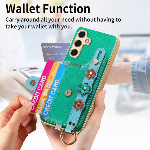For Samsung Galaxy S24+ 5G Stereoscopic Flowers Wristband Card Bag Phone Case(Green)
