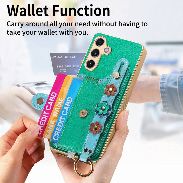 For Samsung Galaxy S24+ 5G Stereoscopic Flowers Wristband Card Bag Phone Case(Green)