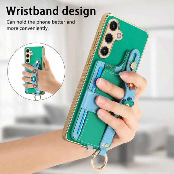 For Samsung Galaxy S24+ 5G Stereoscopic Flowers Wristband Card Bag Phone Case(Green)
