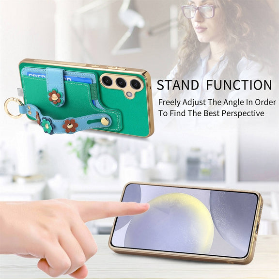 For Samsung Galaxy S24+ 5G Stereoscopic Flowers Wristband Card Bag Phone Case(Green)