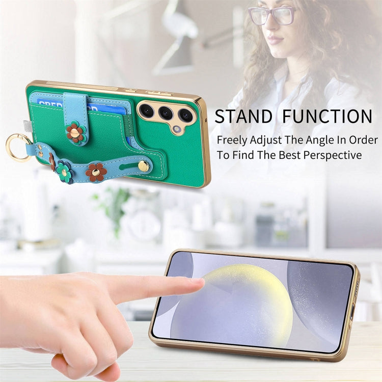 For Samsung Galaxy S24+ 5G Stereoscopic Flowers Wristband Card Bag Phone Case(Green)