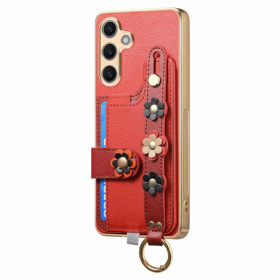 For Samsung Galaxy S24+ 5G Stereoscopic Flowers Wristband Card Bag Phone Case(Red)