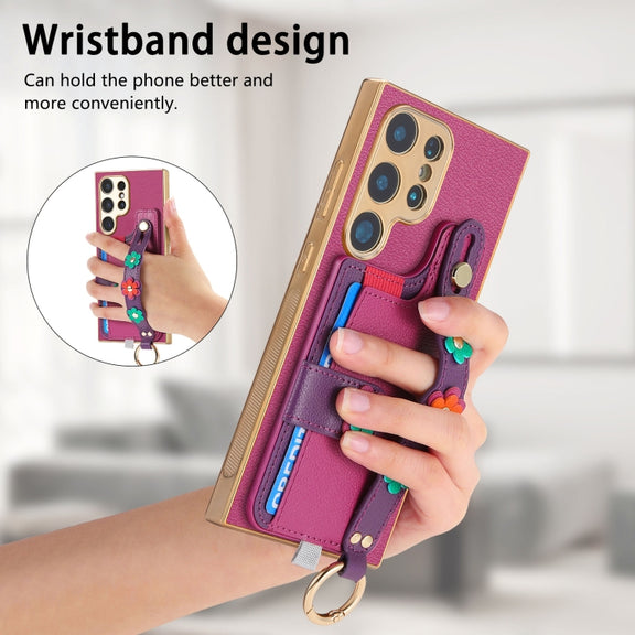 For Samsung Galaxy S24 Ultra 5G Stereoscopic Flowers Wristband Card Bag Phone Case(Purple)