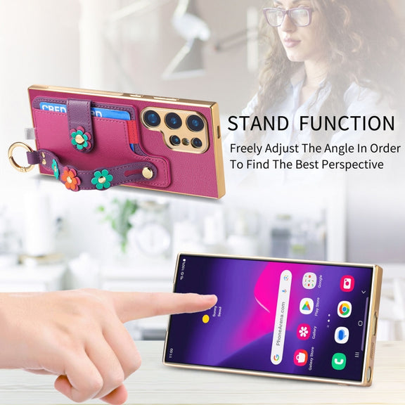 For Samsung Galaxy S24 Ultra 5G Stereoscopic Flowers Wristband Card Bag Phone Case(Purple)