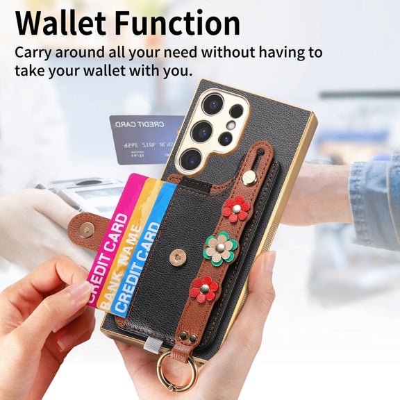 For Samsung Galaxy S24 Ultra 5G Stereoscopic Flowers Wristband Card Bag Phone Case(Black)