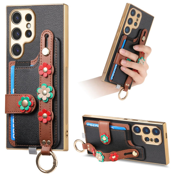 For Samsung Galaxy S24 Ultra 5G Stereoscopic Flowers Wristband Card Bag Phone Case(Black)