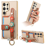 For Samsung Galaxy S24 Ultra 5G Stereoscopic Flowers Wristband Card Bag Phone Case(Khaki)