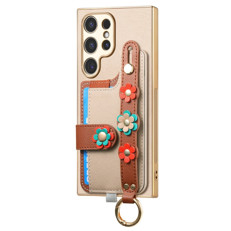For Samsung Galaxy S24 Ultra 5G Stereoscopic Flowers Wristband Card Bag Phone Case(Khaki)