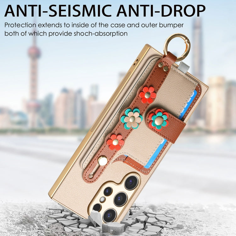 For Samsung Galaxy S24 Ultra 5G Stereoscopic Flowers Wristband Card Bag Phone Case(Khaki)