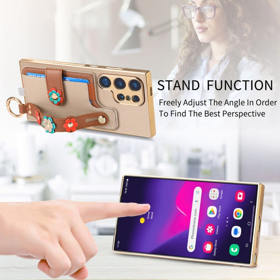 For Samsung Galaxy S24 Ultra 5G Stereoscopic Flowers Wristband Card Bag Phone Case(Khaki)