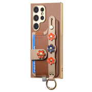 For Samsung Galaxy S24 Ultra 5G Stereoscopic Flowers Wristband Card Bag Phone Case(Brown)