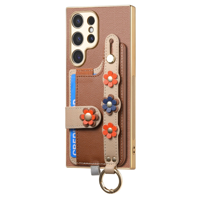 For Samsung Galaxy S24 Ultra 5G Stereoscopic Flowers Wristband Card Bag Phone Case(Brown)