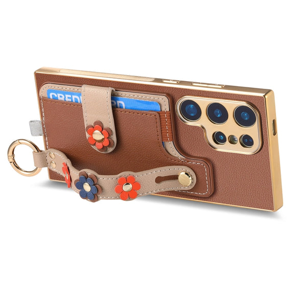 For Samsung Galaxy S24 Ultra 5G Stereoscopic Flowers Wristband Card Bag Phone Case(Brown)