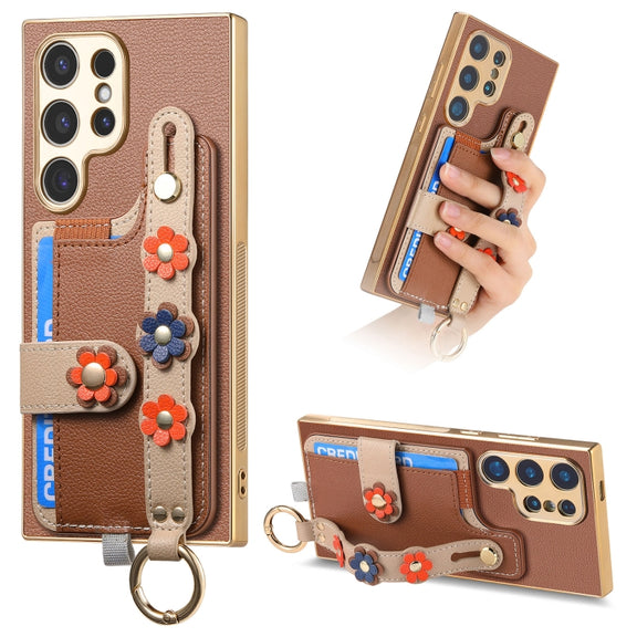 For Samsung Galaxy S24 Ultra 5G Stereoscopic Flowers Wristband Card Bag Phone Case(Brown)