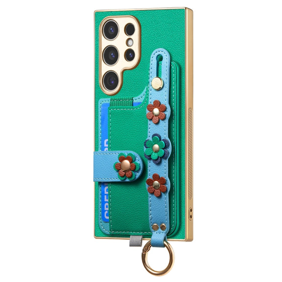 For Samsung Galaxy S24 Ultra 5G Stereoscopic Flowers Wristband Card Bag Phone Case(Green)