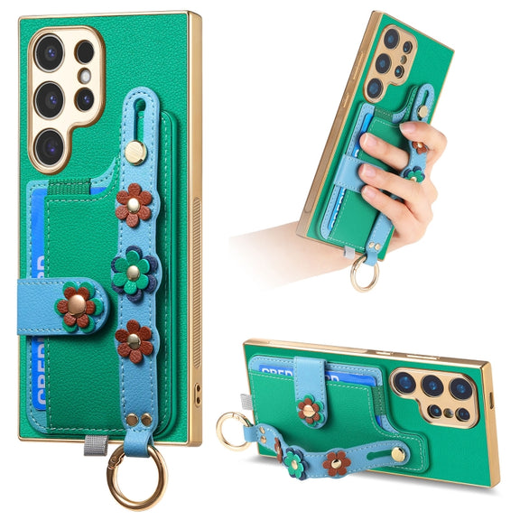 For Samsung Galaxy S24 Ultra 5G Stereoscopic Flowers Wristband Card Bag Phone Case(Green)