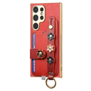 For Samsung Galaxy S24 Ultra 5G Stereoscopic Flowers Wristband Card Bag Phone Case(Red)