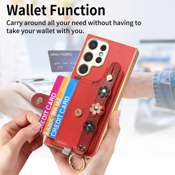 For Samsung Galaxy S24 Ultra 5G Stereoscopic Flowers Wristband Card Bag Phone Case(Red)