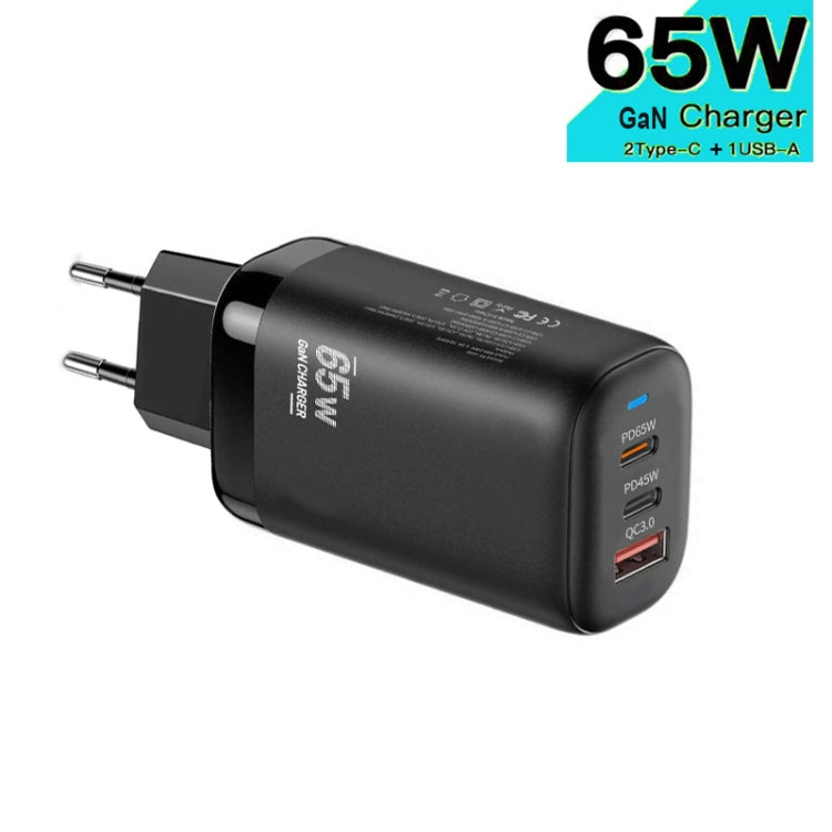 TE-65W GaN PD65W Dual USB-C+USB-A Laptop / Tablet Adapter，EU Plug(Black) - USB Charger by PMC Jewellery | Online Shopping South Africa | PMC Jewellery | Buy Now Pay Later Mobicred