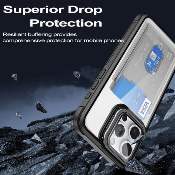 For iPhone 16 Card Bag Holder Acrylic Hybrid TPU Phone Case(Black)