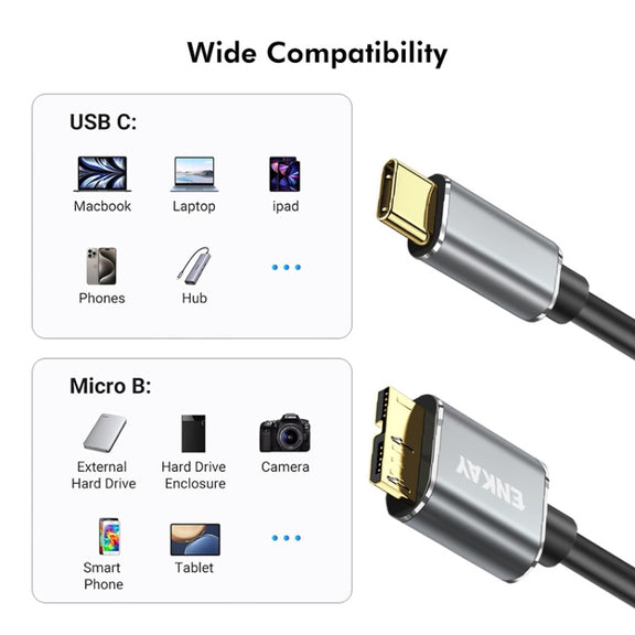 ENKAY USB 3.1 Type-C to USB 3.0 Micro B 10Gbps Data Camera Hard Drive Cable, Length:1.5m