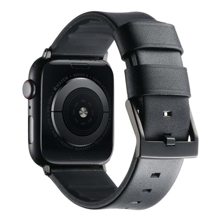 For Apple Watch Series 9 45mm Genuine Leather Hybrid Silicone Watch Band(Black Black Buckle)