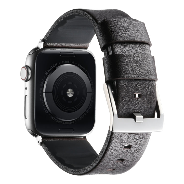 For Apple Watch SE 44mm Genuine Leather Hybrid Silicone Watch Band(Coffee Sliver Buckle)