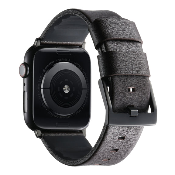 For Apple Watch Series 6 44mm Genuine Leather Hybrid Silicone Watch Band(Coffee Black Buckle)