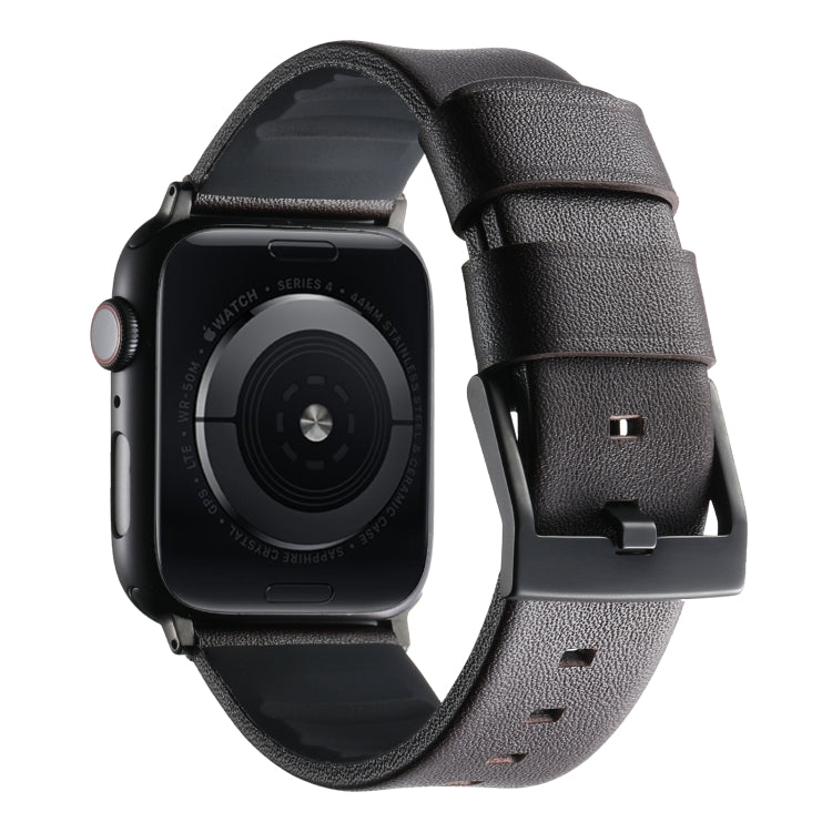For Apple Watch Series 6 44mm Genuine Leather Hybrid Silicone Watch Band(Coffee Black Buckle)