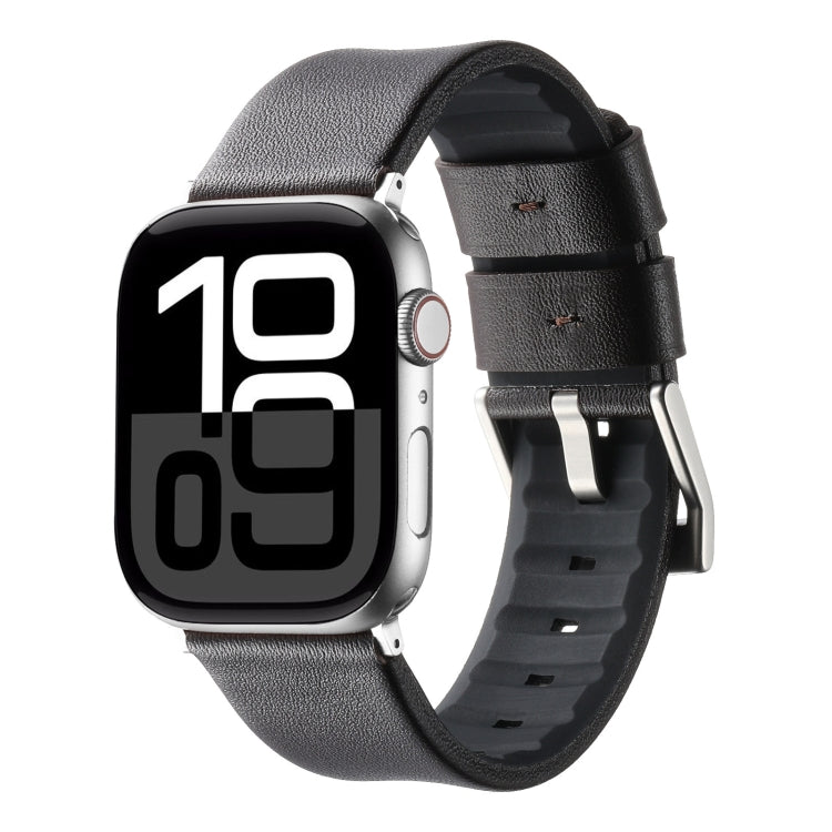 For Apple Watch Series 10 42mm Genuine Leather Hybrid Silicone Watch Band(Coffee Sliver Buckle) - Watch Bands by PMC TechLife | Online Shopping South Africa | PMC TechLife | Buy Now Pay Later Mobicred