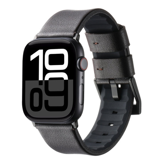 For Apple Watch Series 10 46mm Genuine Leather Hybrid Silicone Watch Band(Coffee Black Buckle)
