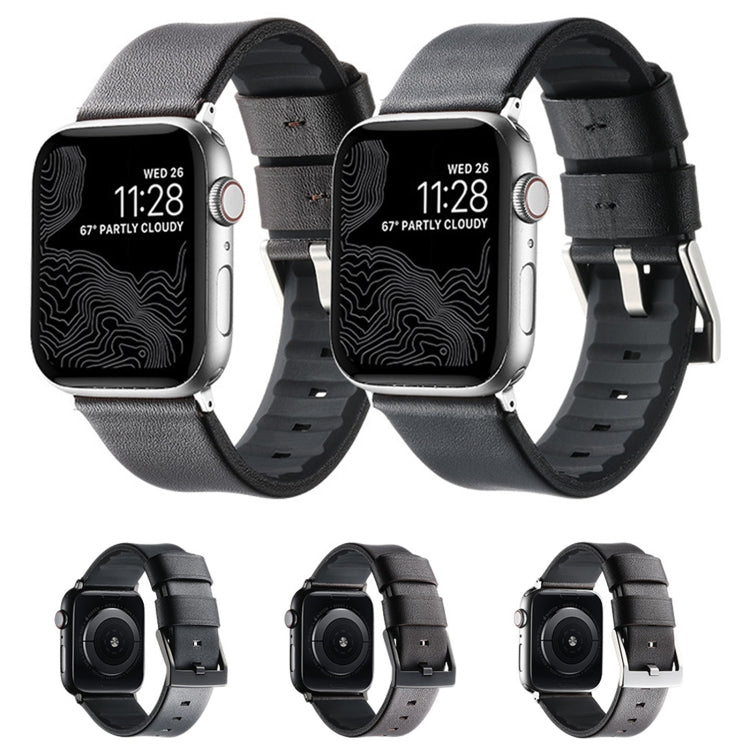 For Apple Watch Series 9 41mm Genuine Leather Hybrid Silicone Watch Band(Coffee Sliver Buckle)