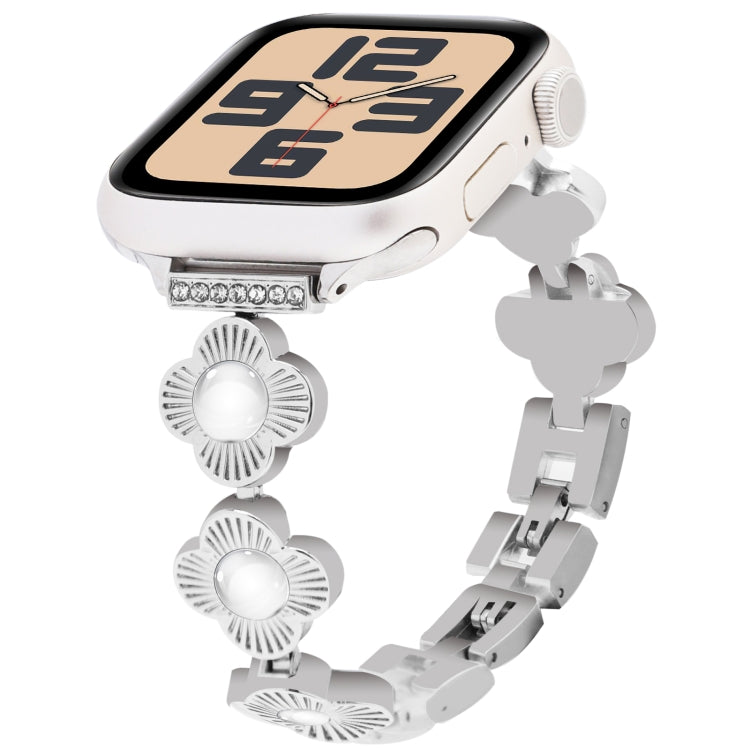 For Apple Watch SE 2023 44mm Four Leaf Clover Quick-Release Metal Chain Watch Band(Silver) - free shipping - PMC TechLife - Order now!