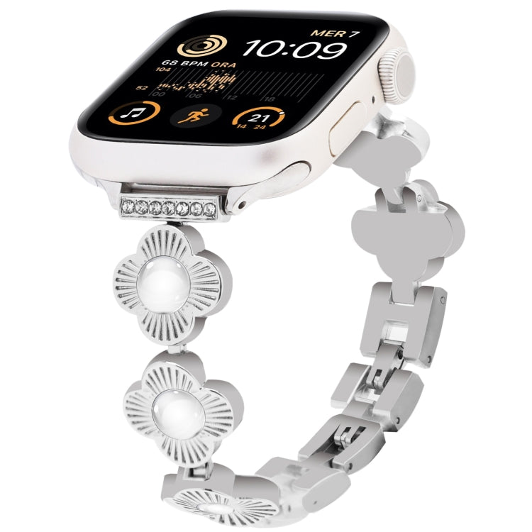 For Apple Watch SE 2022 44mm Four Leaf Clover Quick-Release Metal Chain Watch Band(Silver) - free shipping - PMC TechLife - Order now!