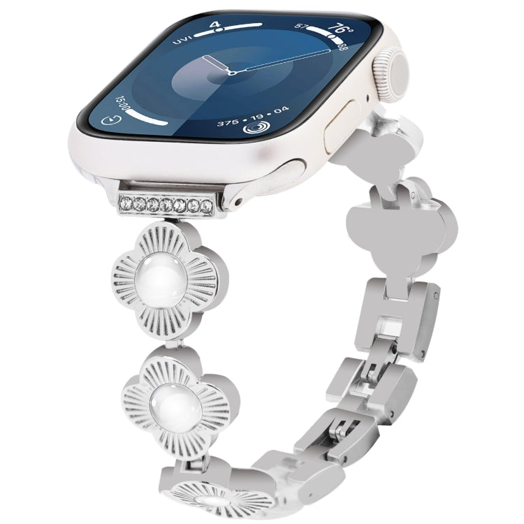 For Apple Watch Series 9 41mm Four Leaf Clover Quick-Release Metal Chain Watch Band(Silver) - free shipping - PMC TechLife - Order now!