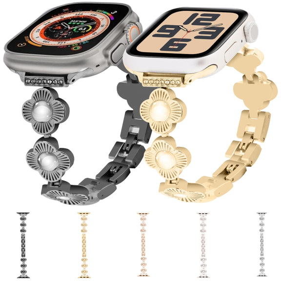 For Apple Watch Ultra 49mm Four Leaf Clover Quick-Release Metal Chain Watch Band(Gold)