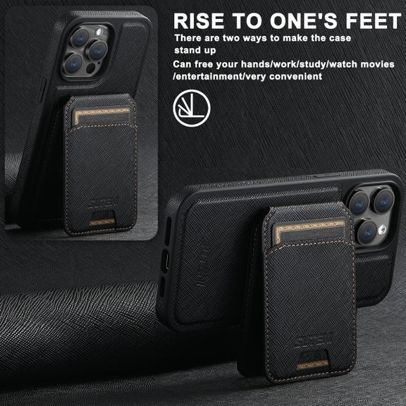 For iPhone 15 Suteni M2 Cross-Grain MagSafe Vertical Card Back Phone Case(Black)