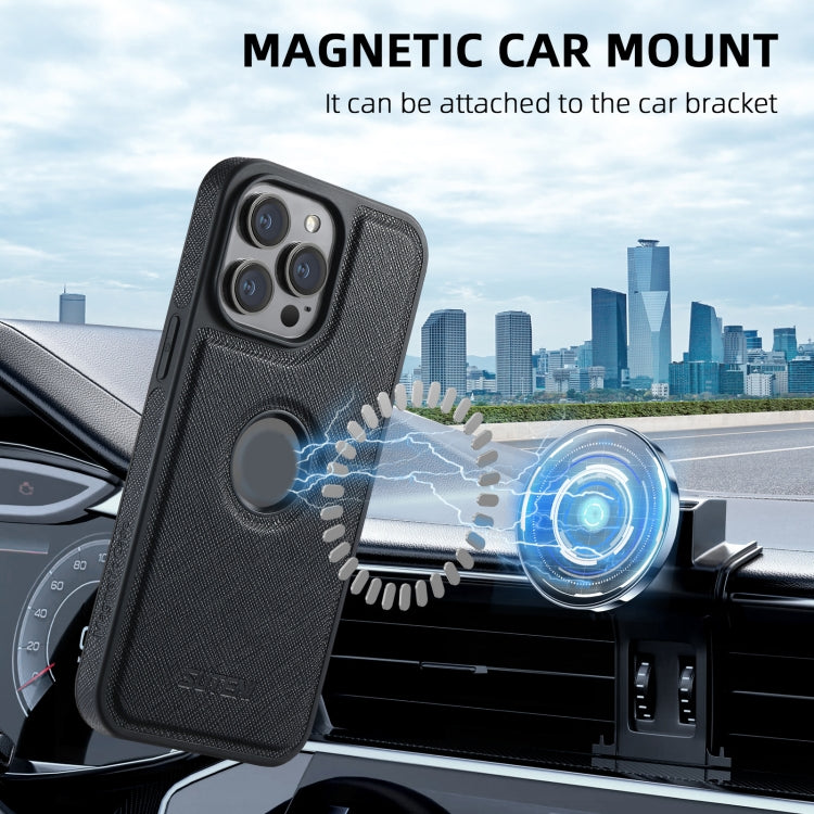 For iPhone 14 Pro Suteni M2 Cross-Grain MagSafe Vertical Card Back Phone Case(Black)