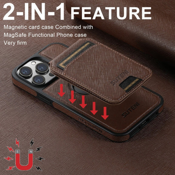 For iPhone 13 Pro Max Suteni M2 Cross-Grain MagSafe Vertical Card Back Phone Case(Brown)