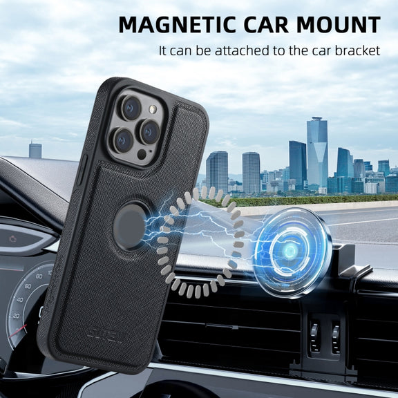 For iPhone 13 Pro Suteni M2 Cross-Grain MagSafe Vertical Card Back Phone Case(Black)