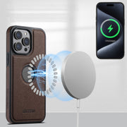 For iPhone 12 Pro Suteni M2 Cross-Grain MagSafe Vertical Card Back Phone Case(Brown)
