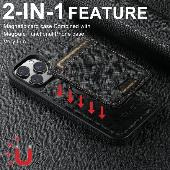 For iPhone 12 Suteni M2 Cross-Grain MagSafe Vertical Card Back Phone Case(Black)