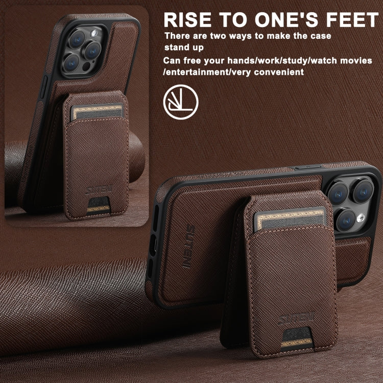 For iPhone 12 Suteni M2 Cross-Grain MagSafe Vertical Card Back Phone Case(Brown)