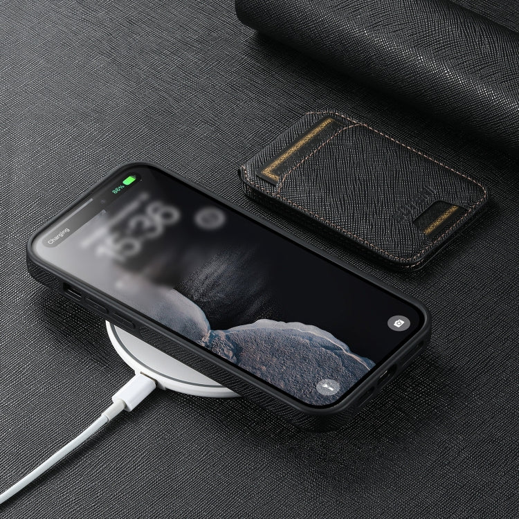 For iPhone 16 Suteni M2 Cross-Grain MagSafe Vertical Card Back Phone Case(Black)